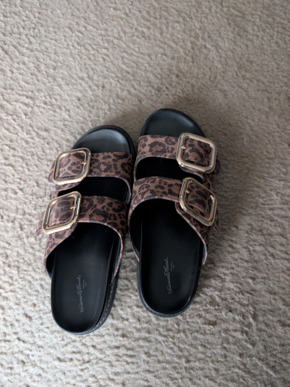 Universal Thread Leopard Print Double Buckle Slide Sandals with Gold Buckles